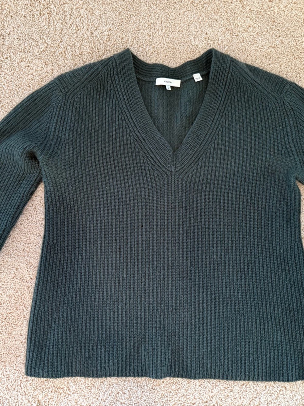 Vince Forest Green Ribbed V-Neck Sweater